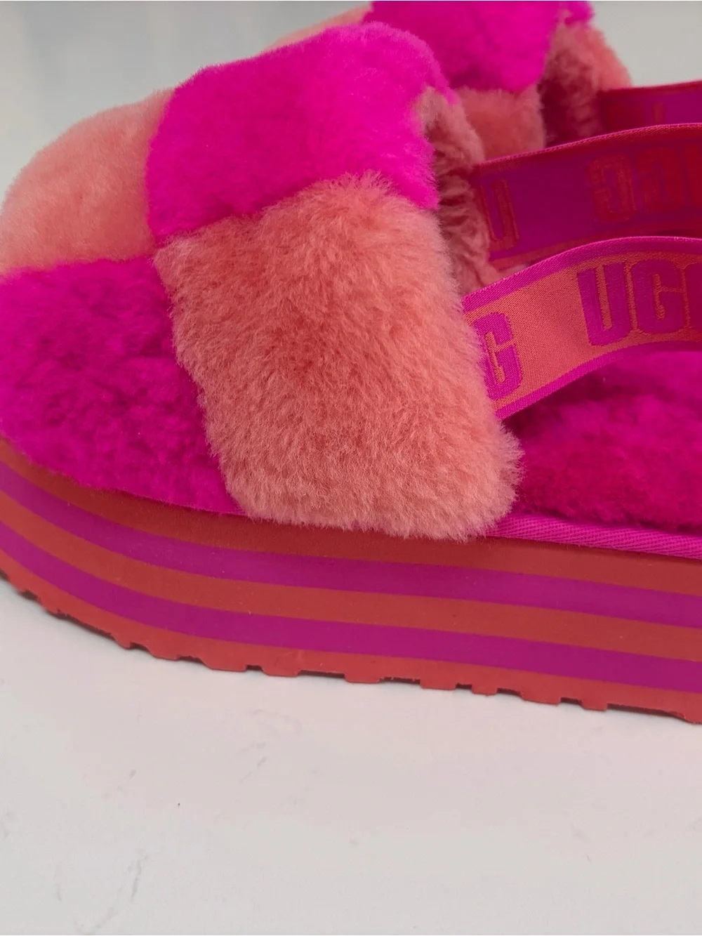 New Ugg Plush Slide Sandals in Bright Pink and Orange